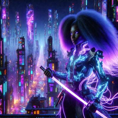 The primary subject of the image is a woman with purple hair, standing in a futuristic city with purple buildings. She is holding a sword, and her outfit appears to be a mix of futuristic and medieval styles. The setting is a futuristic city with purple buildings, and the visual style is a combination of digital art and illustration. The colors and mood of the image are predominantly purple, creating a unique and striking atmosphere.
